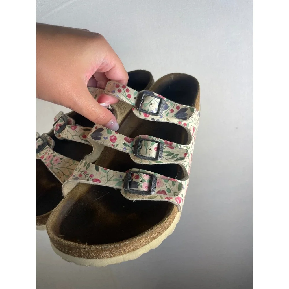 Birkenstock Florida Floral Three Strap Slide Sandals Cream Multicolor Size 36